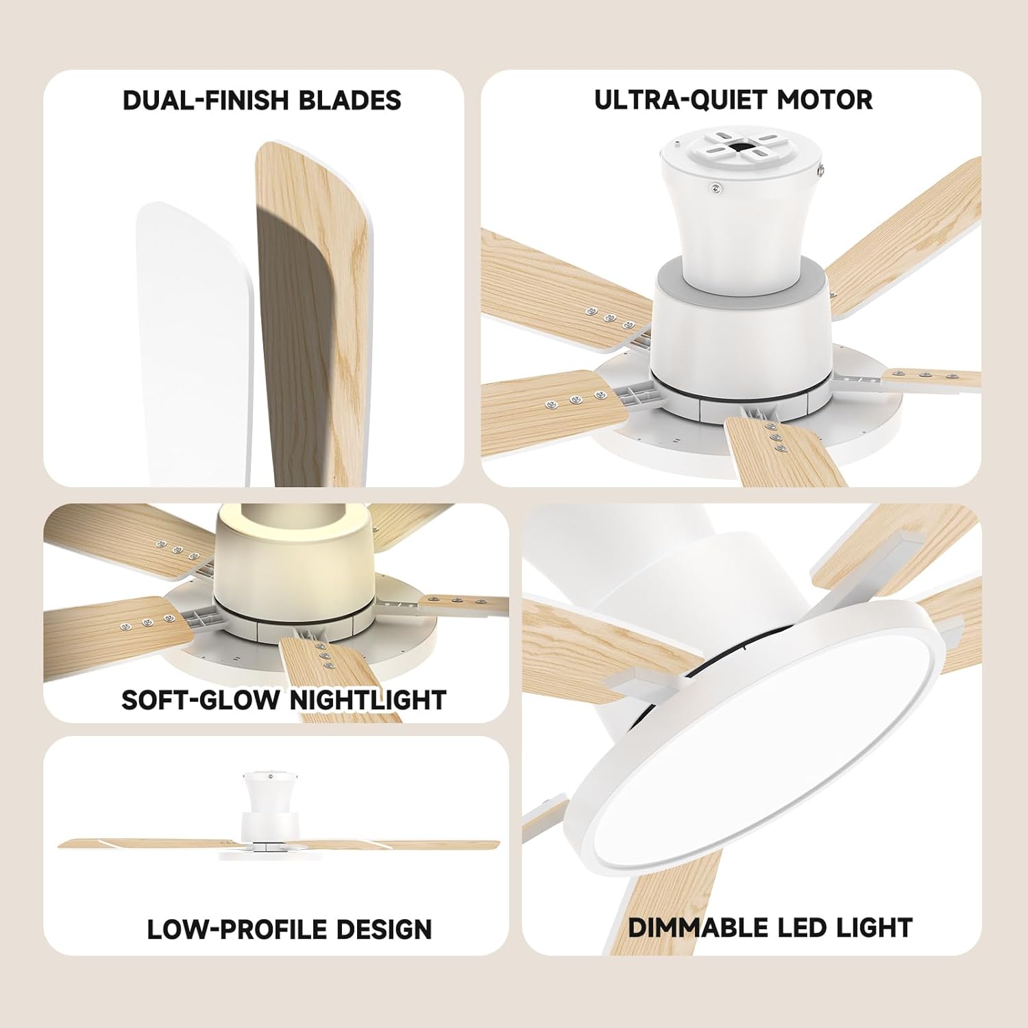 Ceiling Fans with Lights,52 inch,Nightlight,Quiet,Reversible Motor,6 Speeds,Timer, Low Profile Ceiling Fan for Bedroom,Living Room,Indoor/Outdoor Use(White)