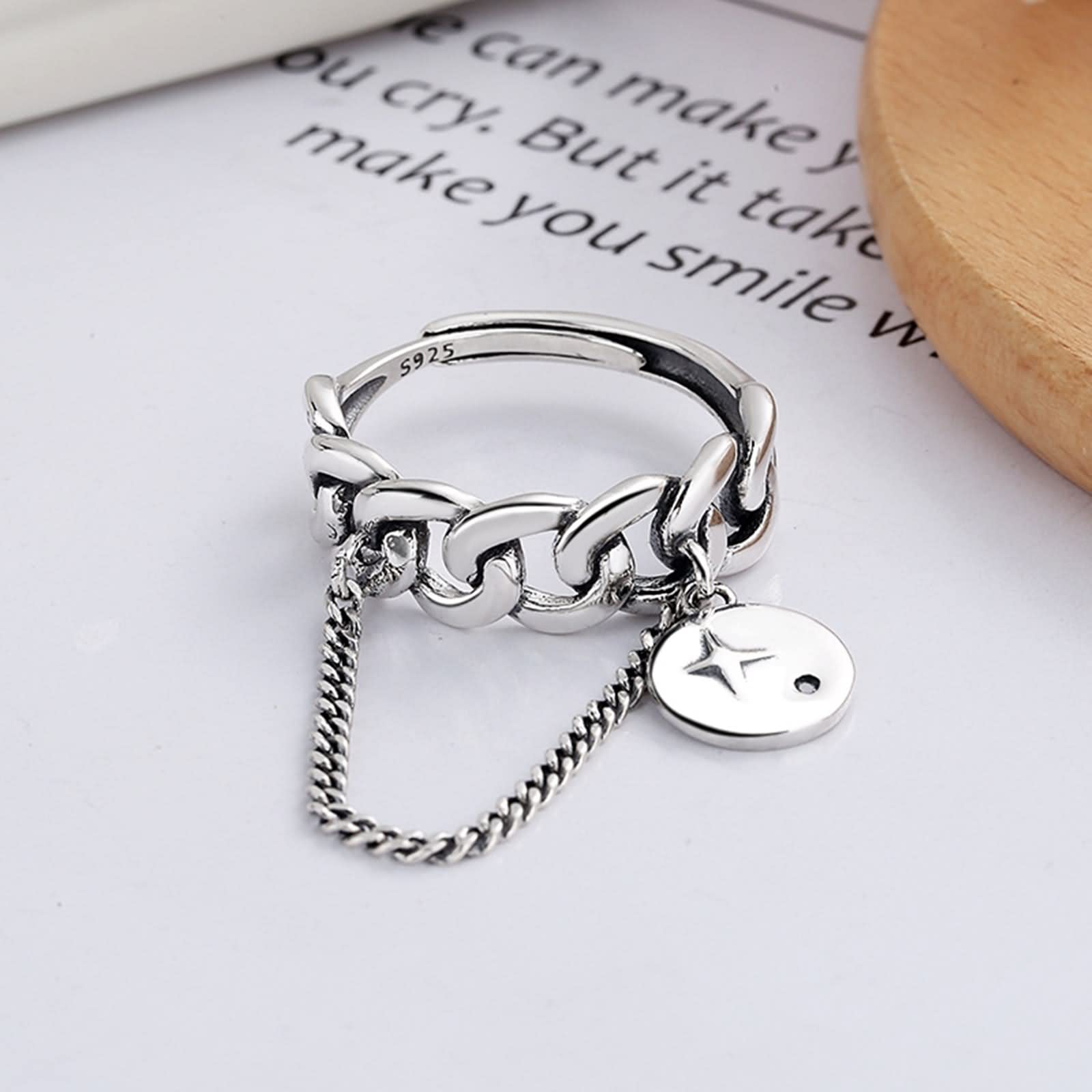 Ring aus 925er-Sterlingsilber, Fidget-Ringe für Frauen, runde Kartenform mit Quastenkette, Eheringe, verstellbare Größe