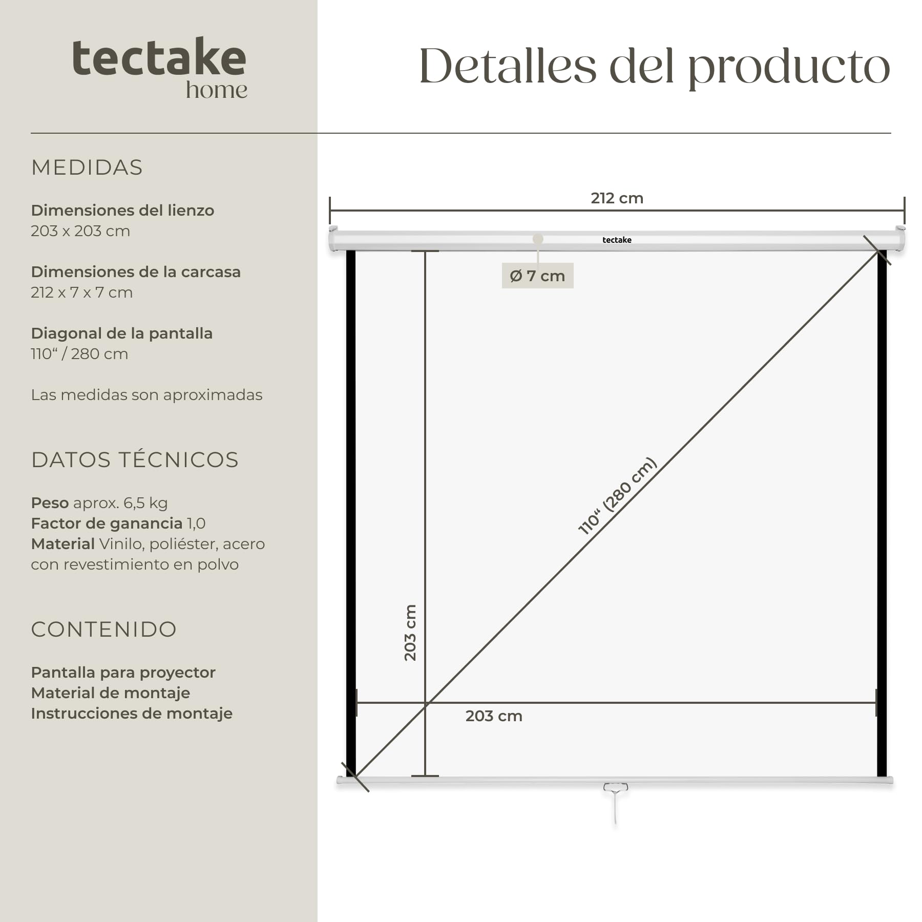 tectake® Pantalla Proyector Enrollable y Retráctil, Montaje en Pared y Techo, Formatos 1:1, 4:3y 16:9, Optimizado para HDTV y 3D, Factor de Ganancia 1,0, Proyector Pantalla - 203 x 203 cm 110"