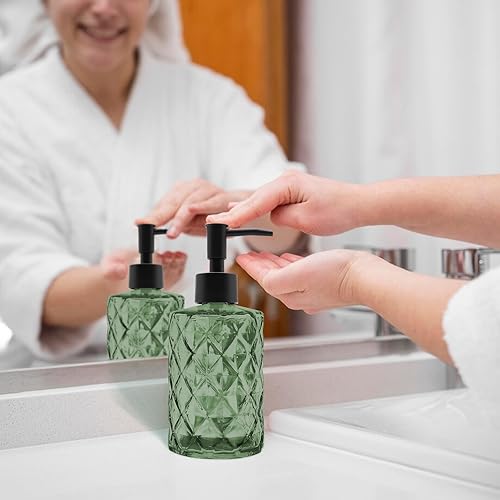 Miniatura 5 de Dispensador de jabón de vidrio verde de 12 onzas con bomba de plástico negro, botellas de jabón líquido recargables para baño, cocina, encimera de