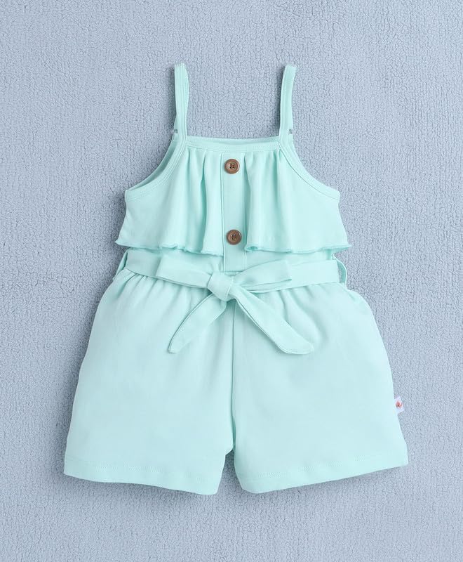 Image of BUMZEE Baby Girls Regular Fit Sleeveless Square Neck Cotton Above Knee Jumpsuit With Belt