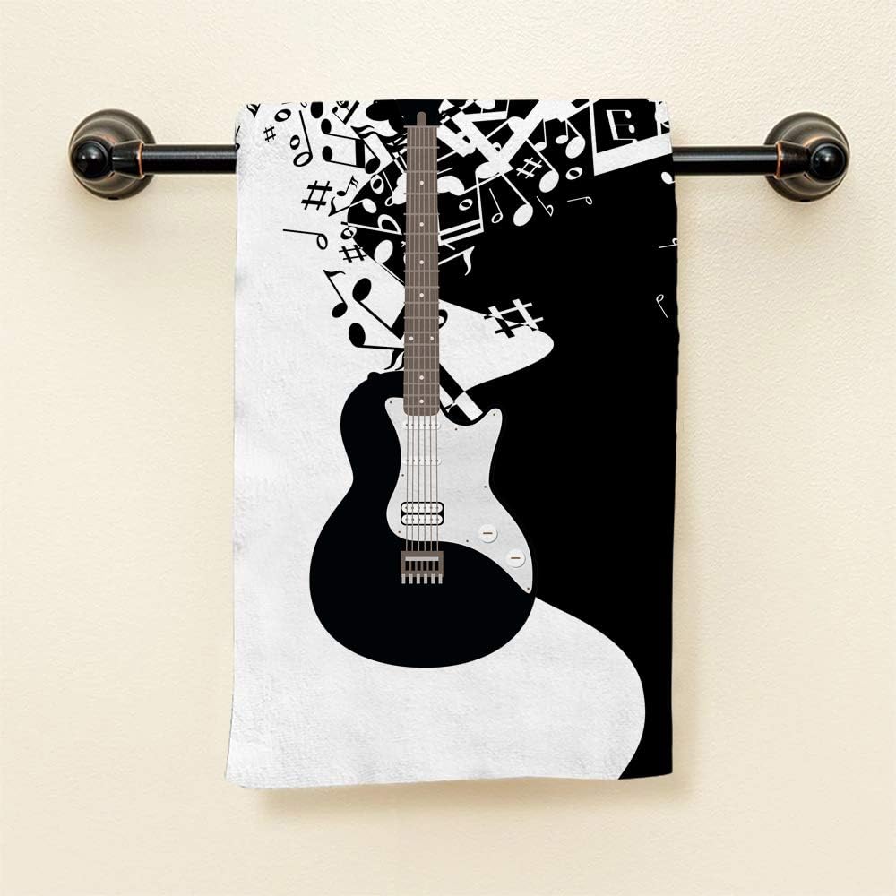 HGOD DESIGNS Music-Themed White and Black Guitar & Note Bath Towels - soft, cotton, spa/hotel/kitchen towels, 15"x30" - Image 2