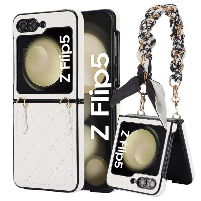 Coque en cuir Samsung Galaxy Z Flip 7 blanc, étui portefeuille haut de gamme à cordon
