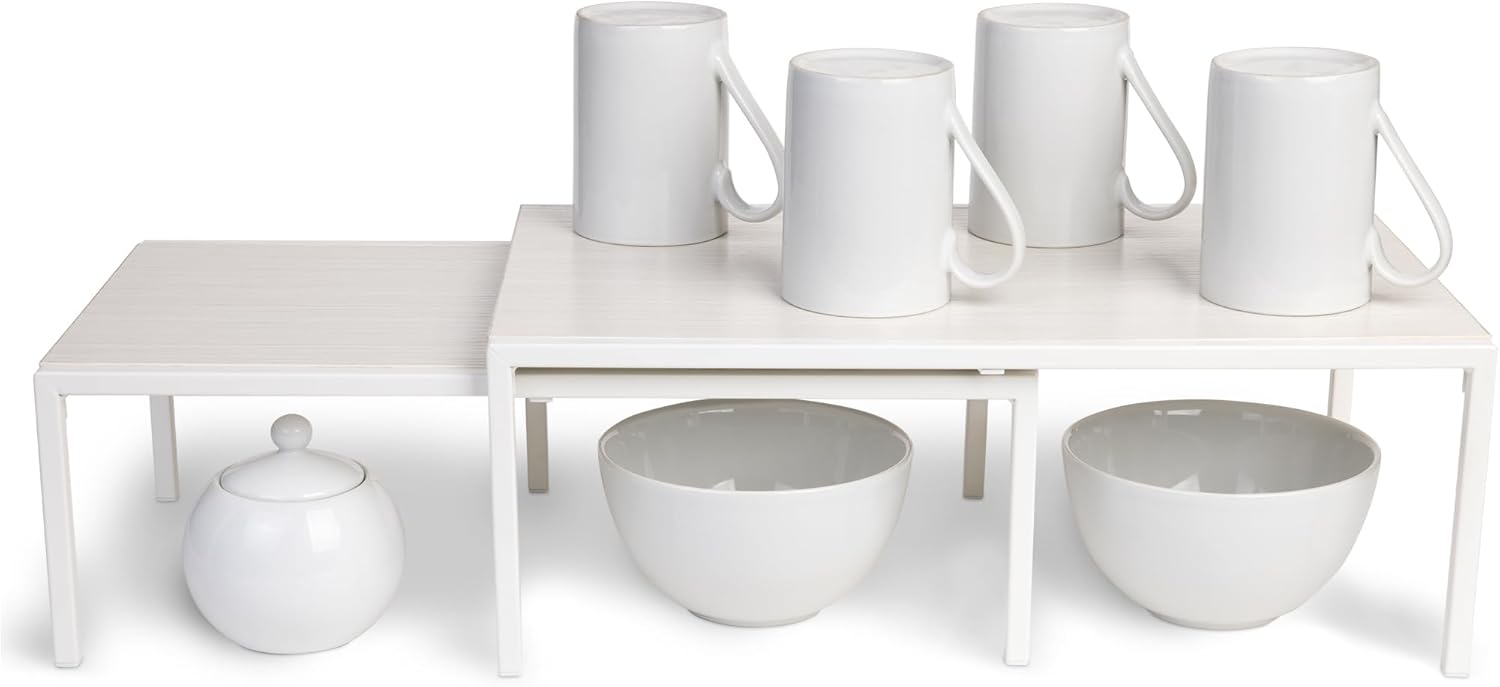 Smart Design Expandable Kitchen Storage Shelf with Premium Wooden Accents - White