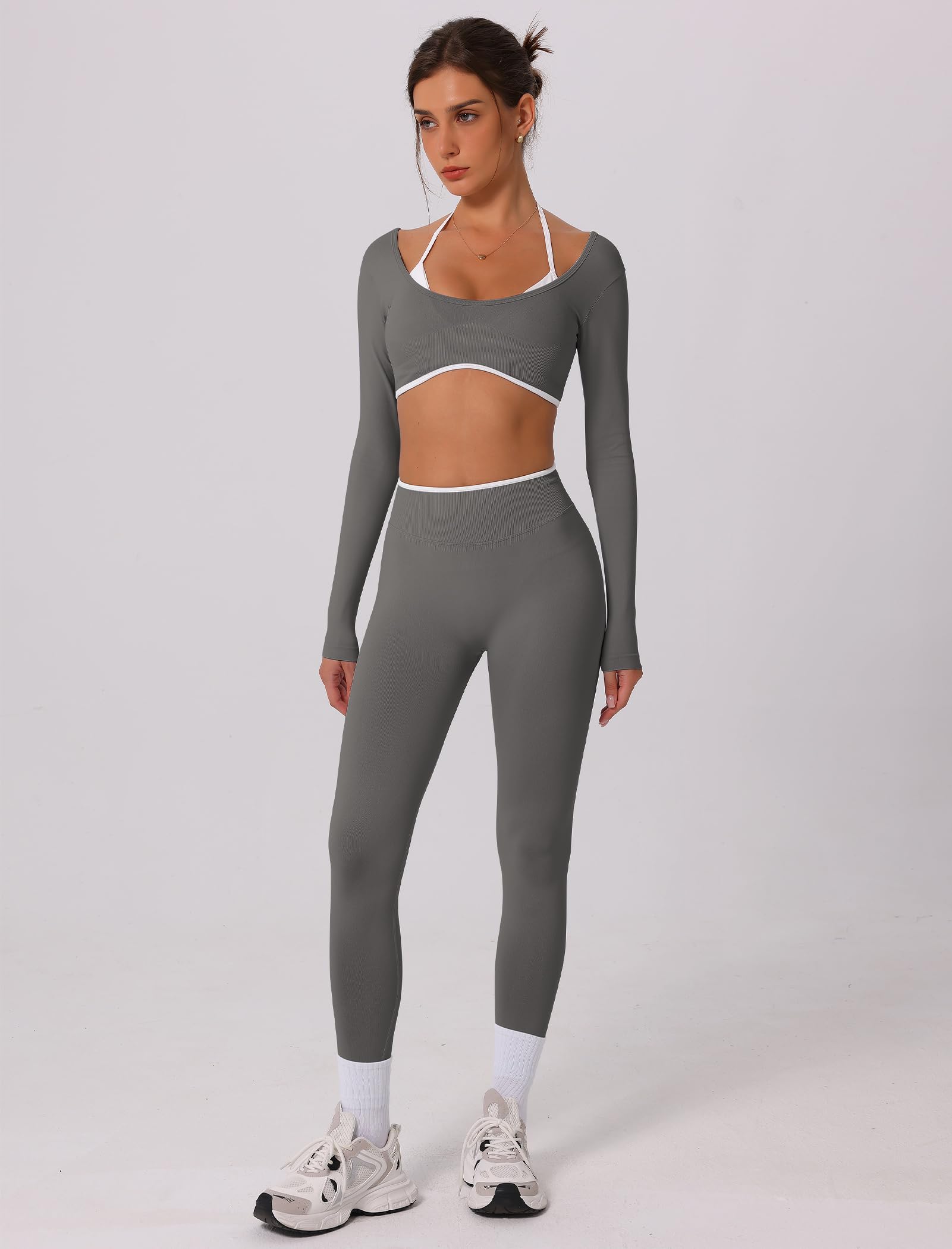 IDOPIP Workout Set Damen Rückenfrei: Zweiteiler Kontrastfarbe Sport Set Hohe Taile Po-formende Leggings und Top mit integrierten Cups - Jogginganzug für Fitness Yoga Pilates Gym