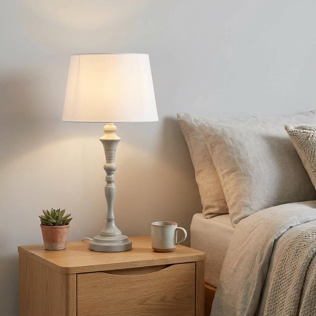 DiKasa Lampada da Tavolo Classica Alta in Metallo Grigio con Paralume in Cotone Bianco, Design Elegante e Slanciato con Attacco E14 per Soggiorno Camera Ufficio Ø35x70 cm