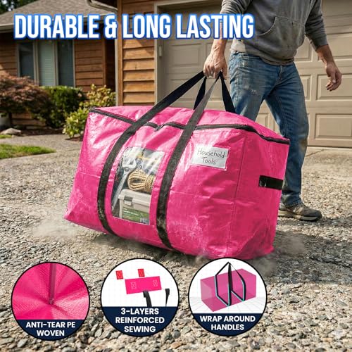 Image of TAILI 2 Pack Pink Extra Large Moving Bags, Heavy Duty Totes with Visible Window, Wrap Around Handles, Space-Saving Storage, Alternative to Moving Boxes