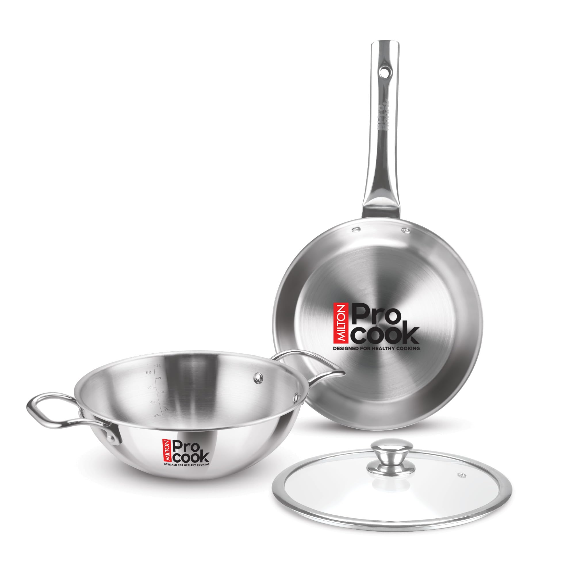 Milton Pro cook Triply Stainless Steel 3 Pcs Induction Cookware Set, Fry Pan 24cm, Kadai with Glass Lid 24cm, Even & Fast Cooking, Induction & Gas Rea...