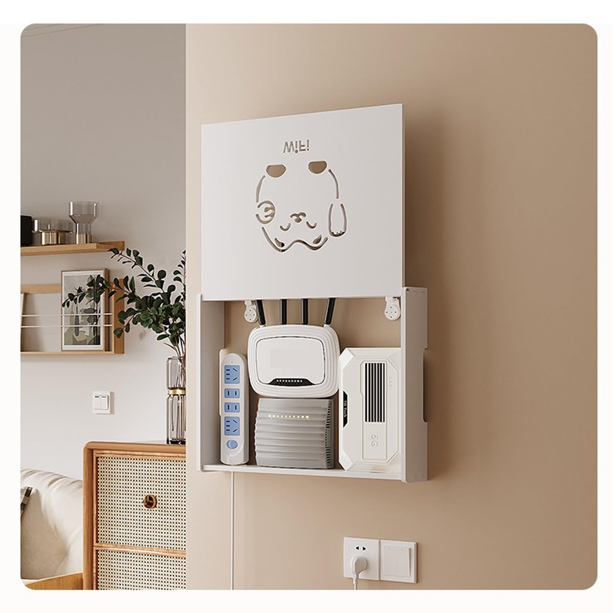 Support Mural pour Routeur, Rangement Box Internet avec Design Chat Porte-Bonheur, Cache Modem WiFi pour Gestion des Câbles, Blanc(18.9"x 3.74"x14.96")