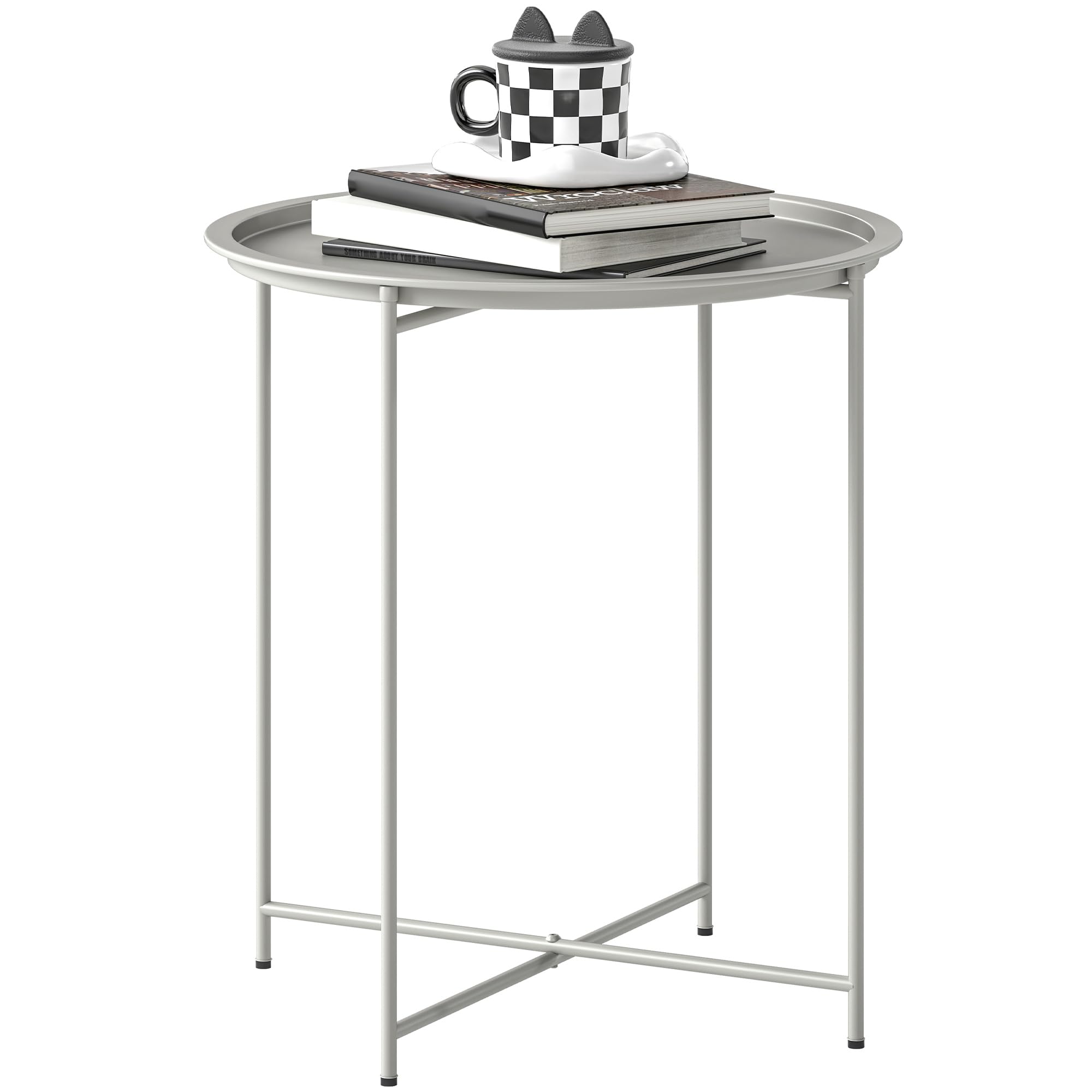 Outsunny Round Folding Garden Table White 46cm Removable Tray Patio Side