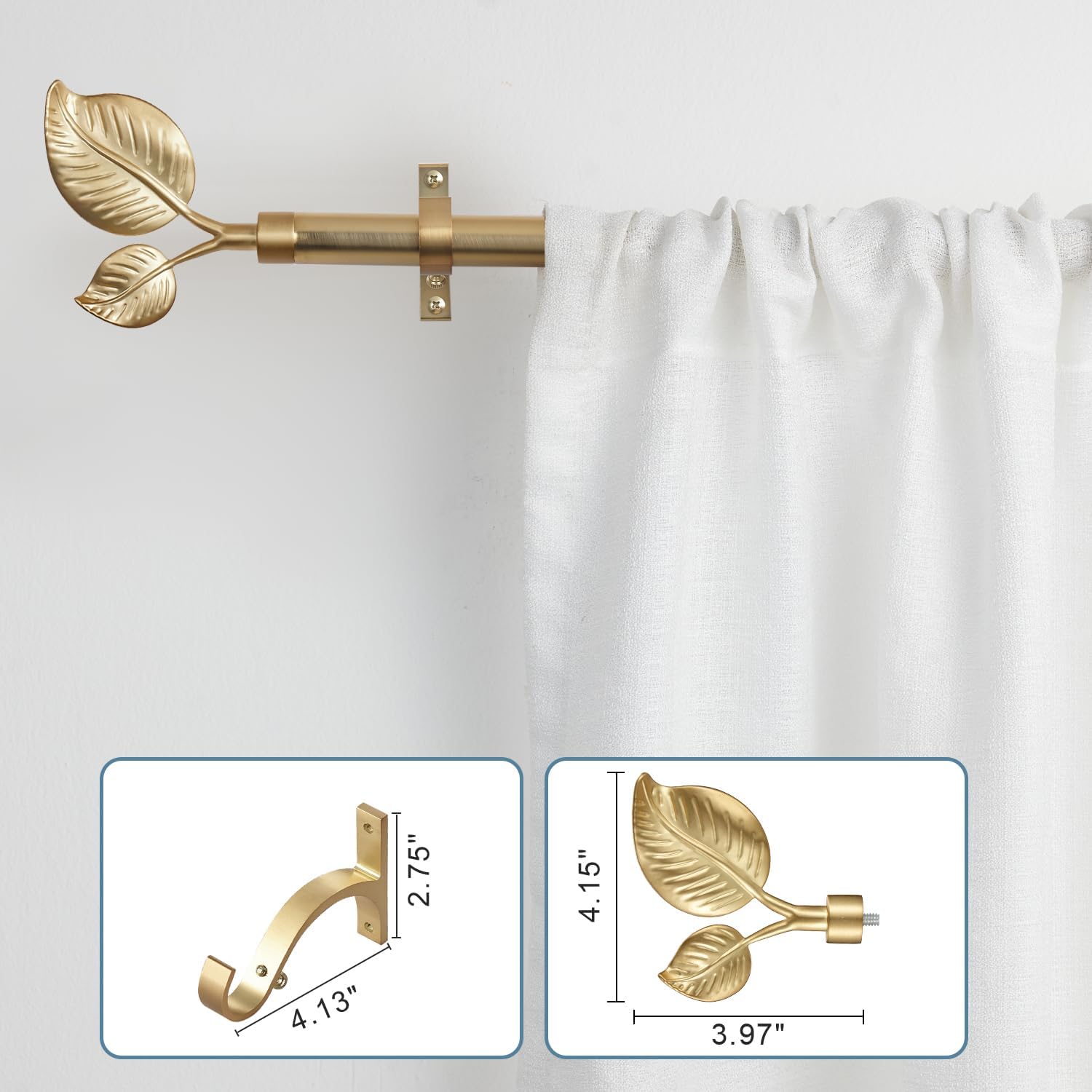 Decorative Curtain Rod with Leaf Finials, 1Inch Diameter 28-48 Inch Adjustable Length Single Drapery Window Rods Telescoping Structure, Warm Gold