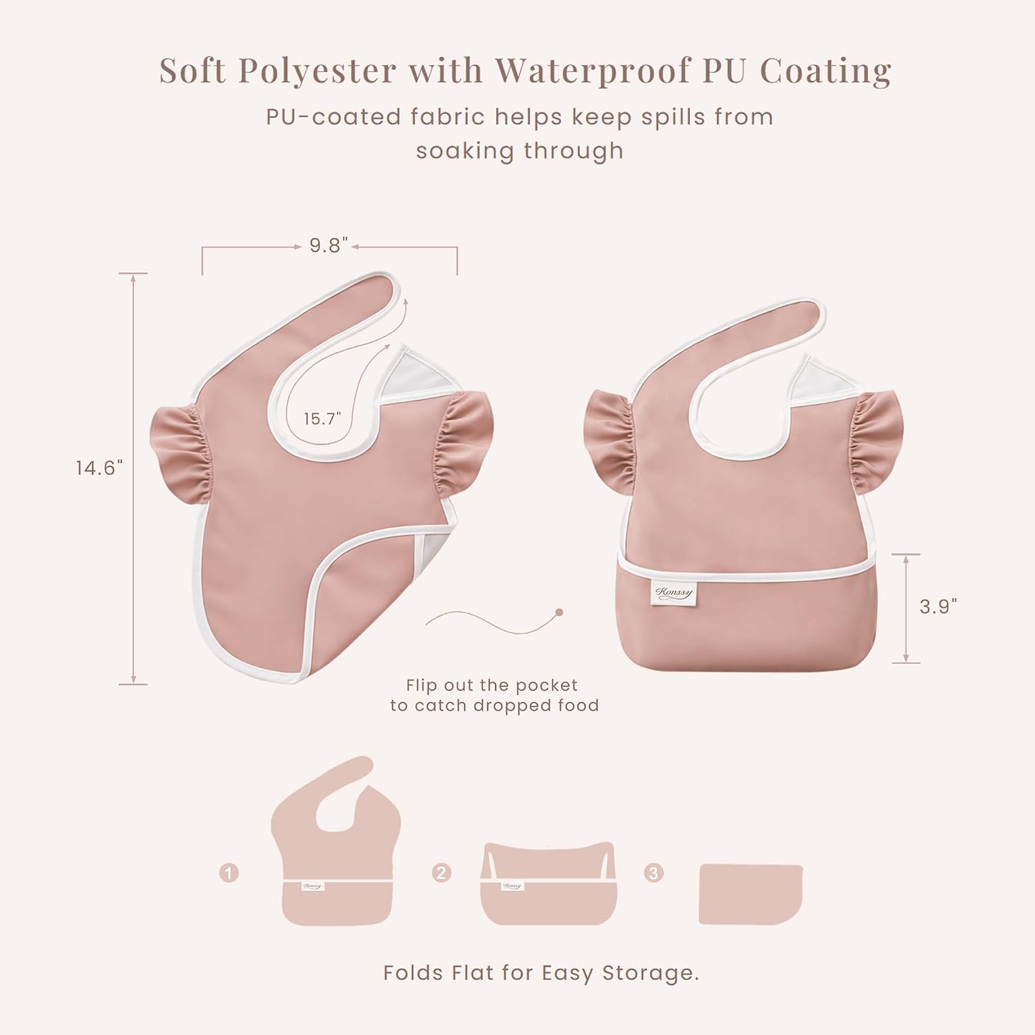 Konssy 3-Pack Waterproof Baby Bibs for Eating, Wipeable Toddler Ruffle Feeding Bibs with Catch-All Pocket for Girls Boys