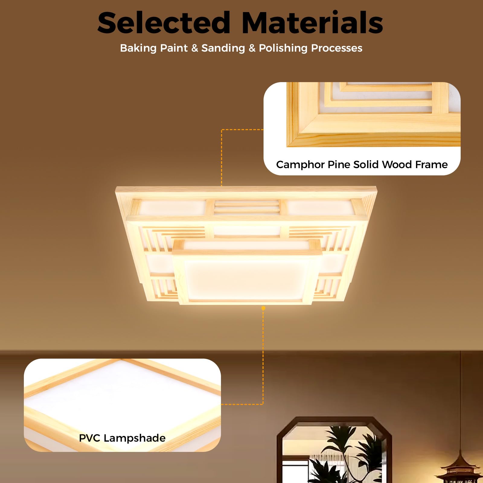 Plafón LED cuadrado, techo de madera, tres colores ajustables con mando a distancia, diseño japonés moderno, alcance del mando a distancia, aproximadamente 5 metros, sombra cerrada, para salón