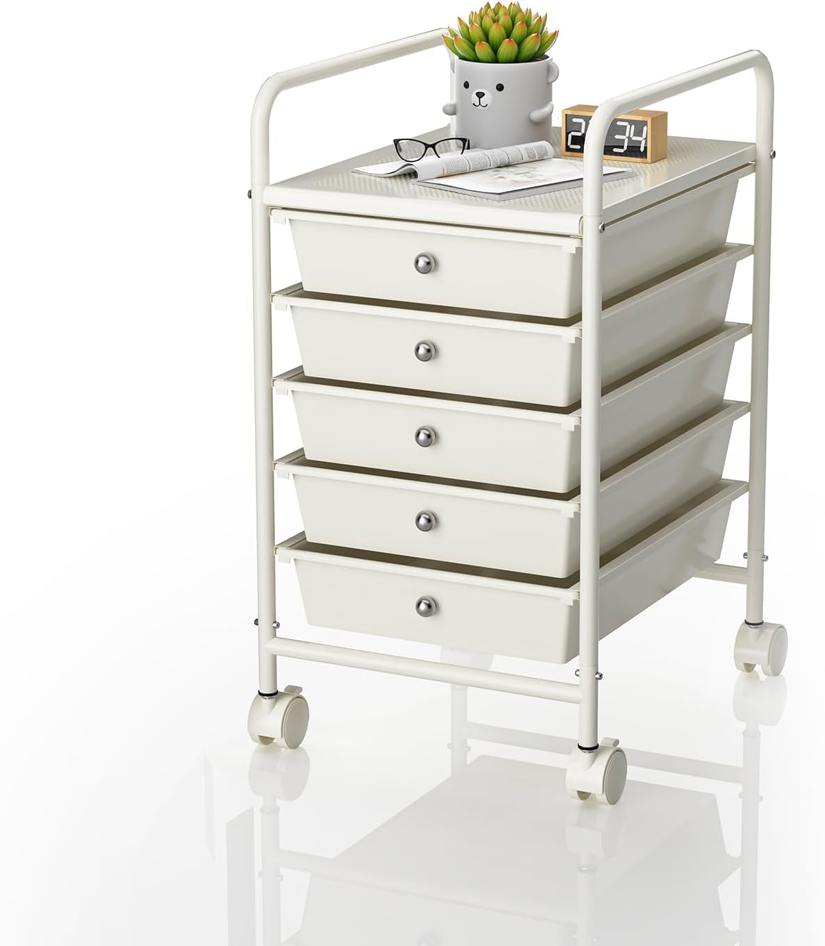 5-Tier Rolling Cart with 5 Drawers, Rolling Utility Cart with 2 Lockable Caster Wheels, Multipurpose Mobile Rolling Storage Drawer Cart for Office Bathroom Kitchen, Ivory White