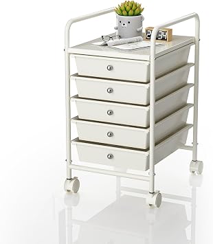 Rolling Storage Cart with Drawers 5-Tier Lock Wheels Office White
