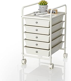 Carrito de almacenamiento móvil con 5 cajones, carrito de almacenamiento de plástico multiusos para oficina, baño, cocina, color blanco