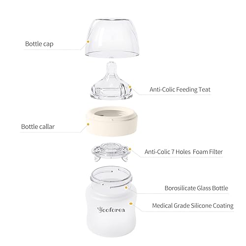 Miniatura 9 de Yooforea Biberón de vidrio recubierto de silicona, 0 M+ pezón de flujo lento I anticólicos, cuello ancho, base estable I revestimiento de silicona