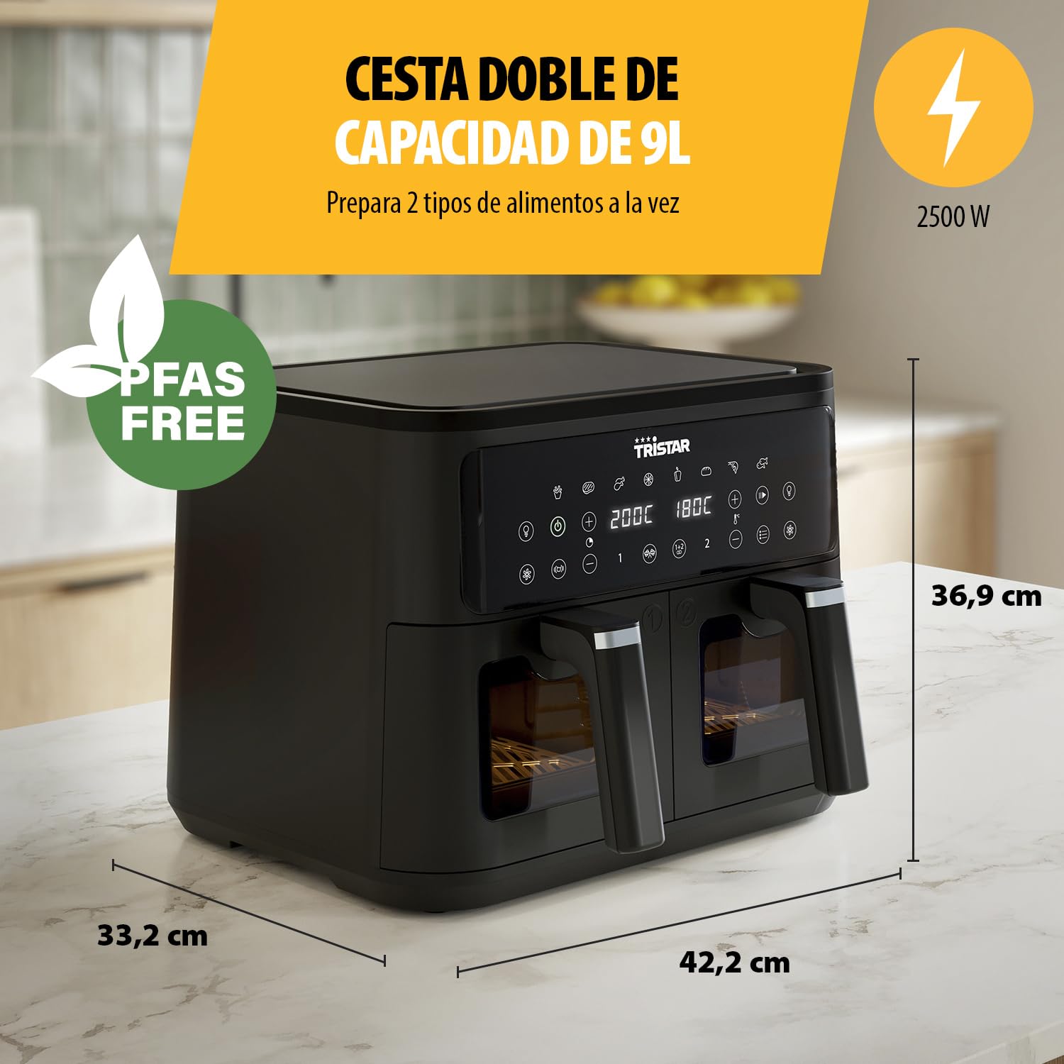 Tristar Freidora de Aire Doble Cesta, 9 L, 10 Programas, Pantalla Digital, Ventanas de Visualización, Sin PFAS, Cocina Saludable Sin Aceite, 2500 W, FR-9429