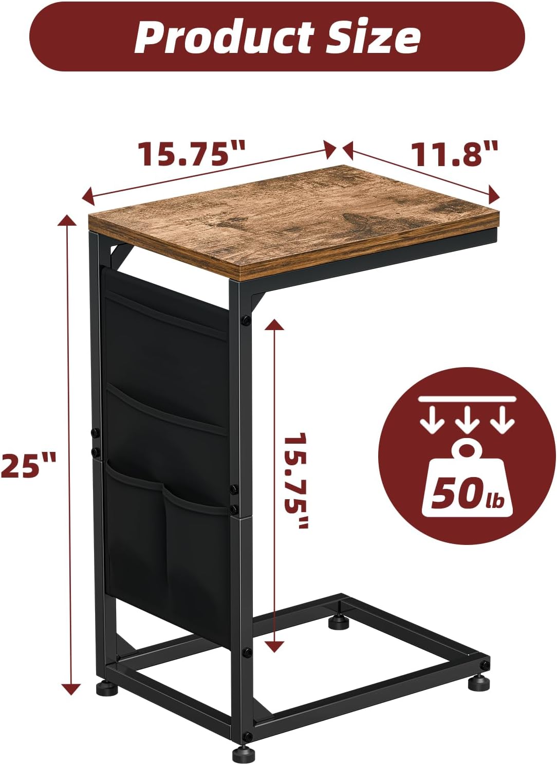 Simple Trending C Shaped End Table, Side Table TV Trays Set of 2 with Fabric Storage Bag, Couch Sofa Table for Living Room, Rustic Brown