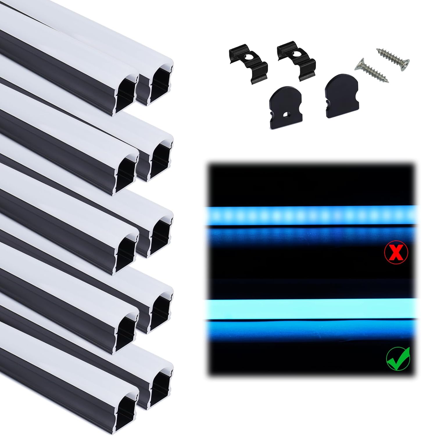 muzata  6 pack 3.3ft/1m excellent spotless led channel system with milky white cover black aluminum u shape led strip diffuser channel u108 bw 1m