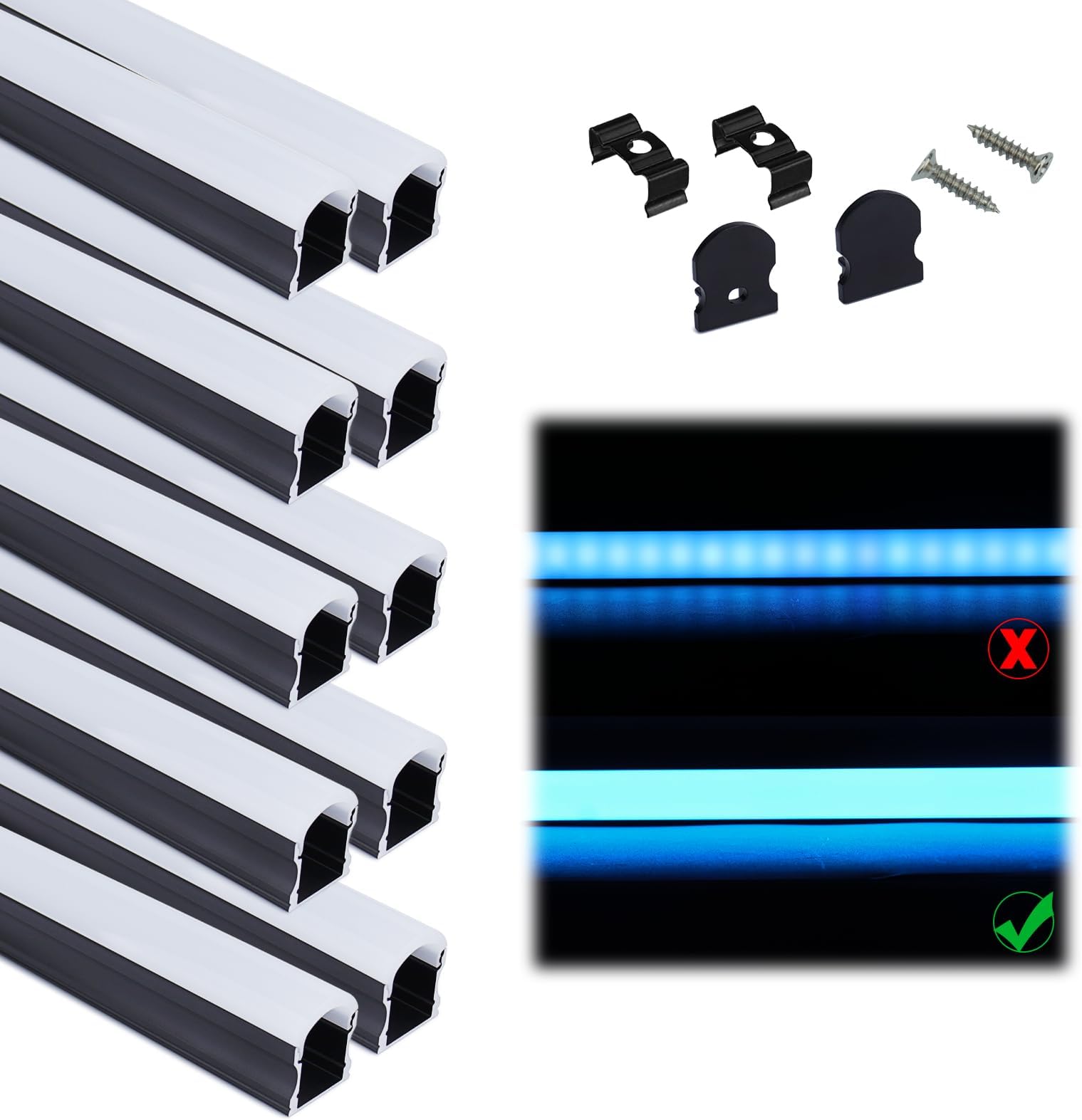 10Pack 3.3FT/1M Excellent Spotless LED Channel System with Milky White Cover Black Aluminum U Shape LED Strip Diffuser Channel U108 BW 1M
