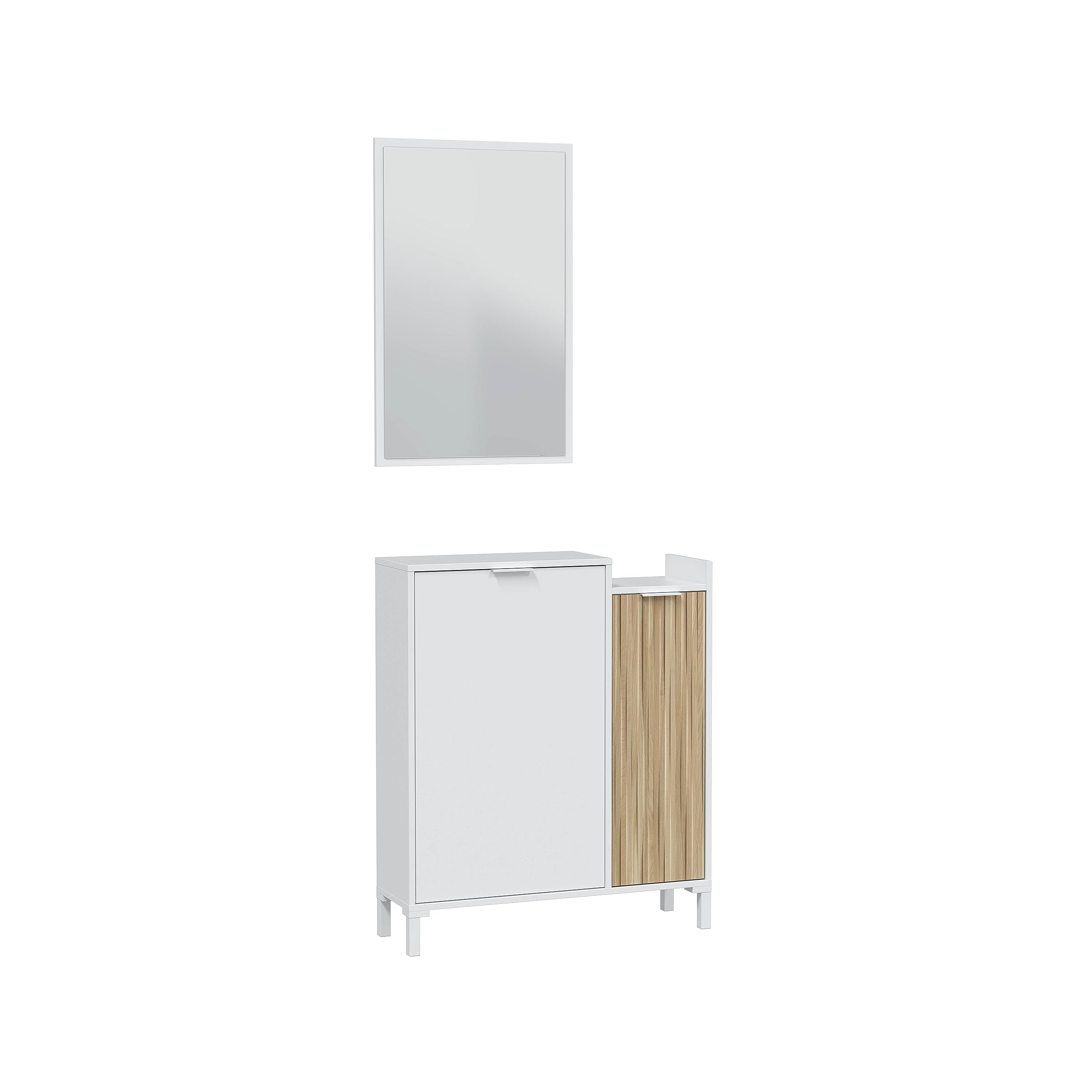 Mobelcenter, Mueble Recibidor Entrada con Espejo, Acabado Color Blanco y Natur, Recibidor Ethna. Medidas Cónsola: 77 cm Ancho x 91 cm Alto x 24 cm Fondo