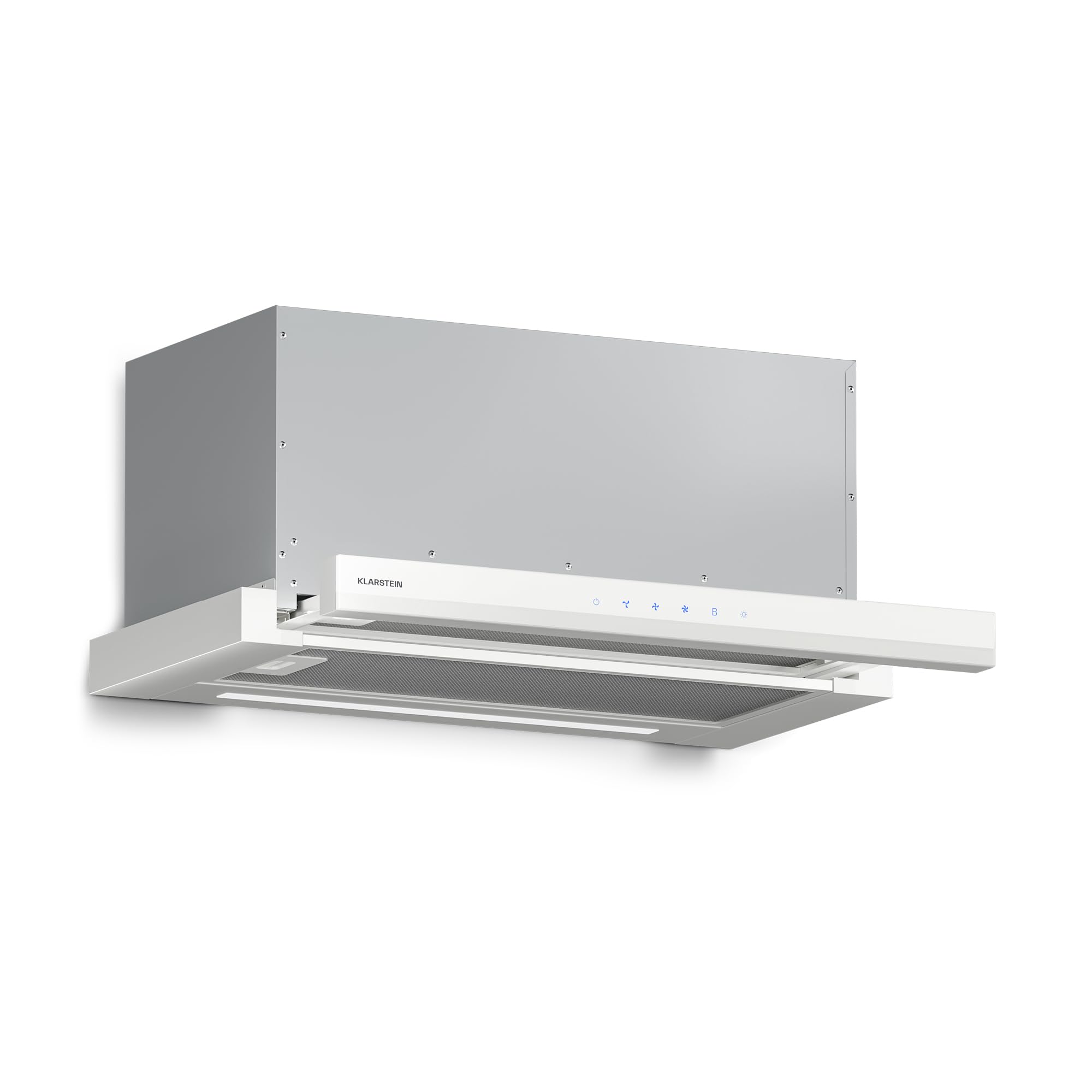 Klarstein Velaire Campana Extractora Integrada 60cm, 896 m³/h, Clase A++, Motor Silencioso, Control Táctil, LED, Filtros de Carbón, Campana Telescópica para Cocina Moderna, Blanco