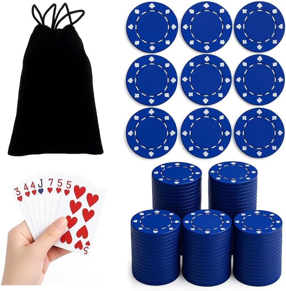 100 Pcs Plastic Poker Chips Set with Denominations, Includes Storage Bag & Mini Poker Deck - Professional Grade for Casino, Blackjack, Mahjong & Game Nights