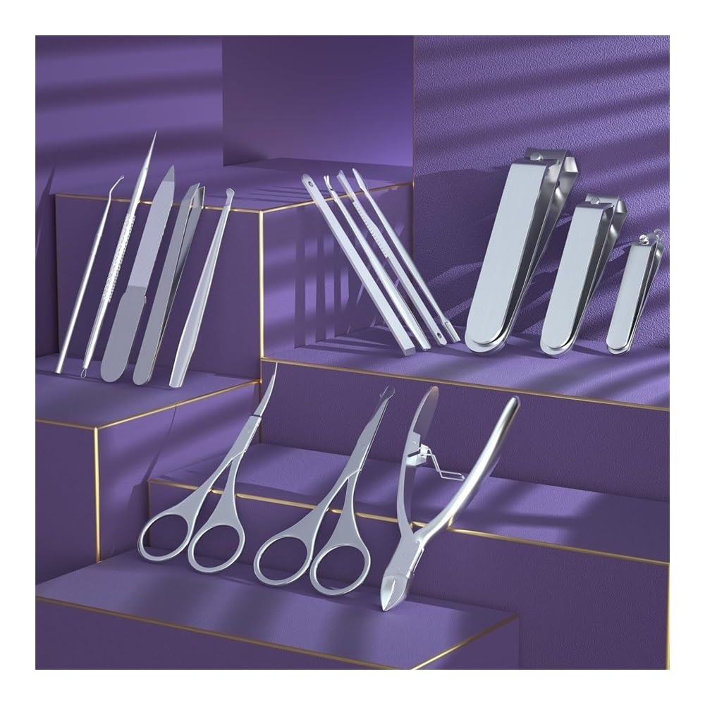 Kit de manicura y pedicura 15 en 1 de acero inoxidable con estuche de viaje, herramientas para el cuidado de las uñas de los pies, cortaúñas para los dedos de los pies y cortaúñas para las manos.