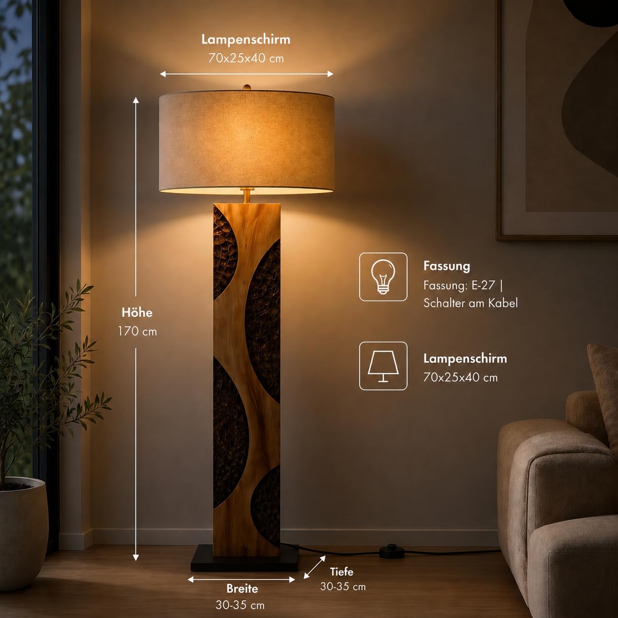 Bressmer AMAZONIA Stehlampe – Handgefertigte Treibholz Lampe aus Akazienholz, 170 cm hoch, mit Leinen Lampenschirm, natürliche Holz Stehleuchte für Wohnzimmer & Schlafzimmer, warmes Licht im Naturstil