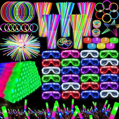 Camlinbo 148 PCS Glow in the Dark Party Supplies- 24 Pcs 12' Foam Glow Sticks, 24 Pcs LED Glasses, 100Pcs Glow Sticks Necklaces Bracelets Light Up Party Favors Pool Wedding Concert Easter Basket