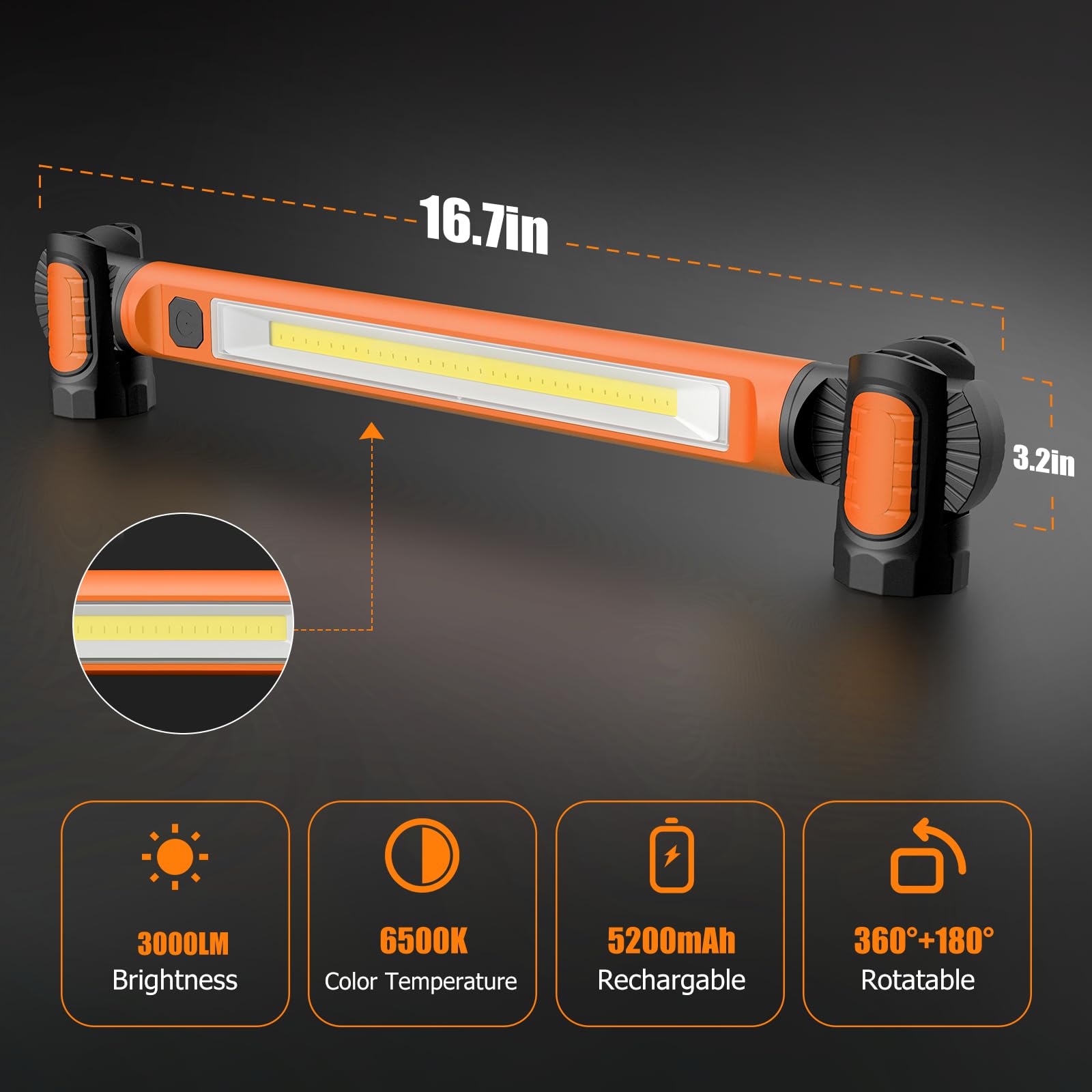 Luz de trabajo, luz de trabajo LED de 3000 lm, luz de trabajo magnética recargable de 5200 mAh, luces de trabajo inalámbricas debajo del capó con ganchos para mecánicos, inspección, taller,
