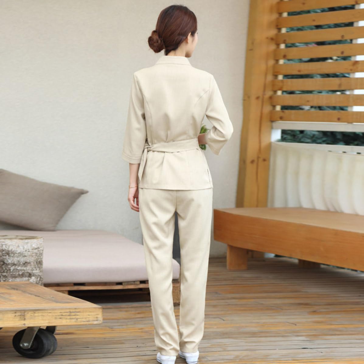 1set Tuta da Lavoro Beige per Estetista Donna Abbigliamento Spa Leggero e Pieghevole con Cintura Regolabile Completo Tecnico Professionale per Salone di Bellezza