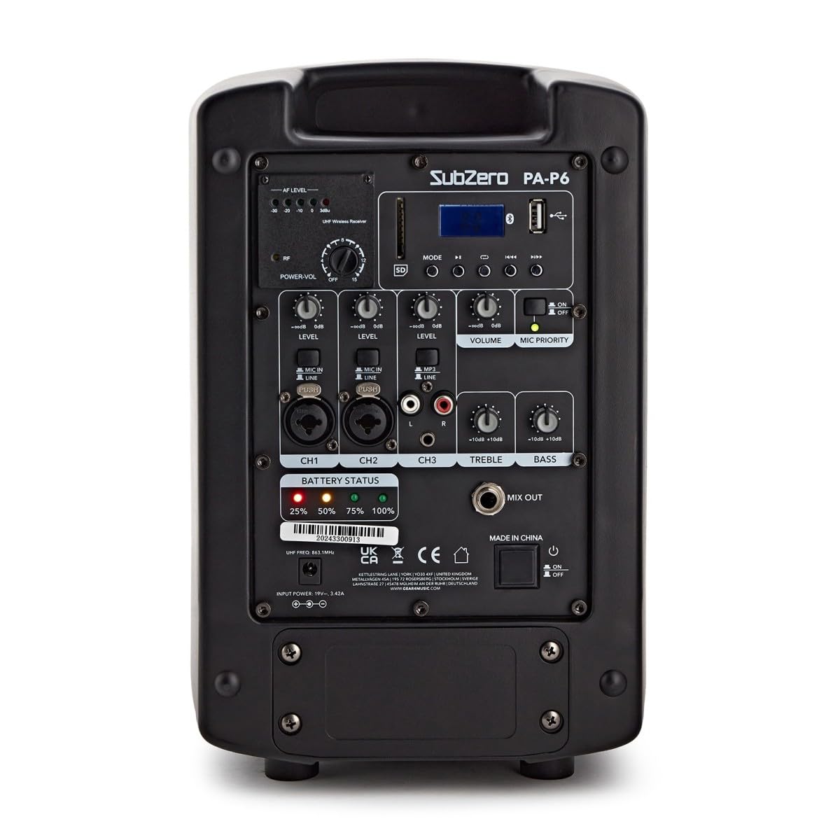 SubZero SZPA-P6 Tragbarer PA-Lautsprecher mit Bluetooth | Integriertes Mischpult mit XLR/Klinken-Kanälen, drahtloses UHF-Handmikrofon, bis zu 6 Stunden Akkulaufzeit