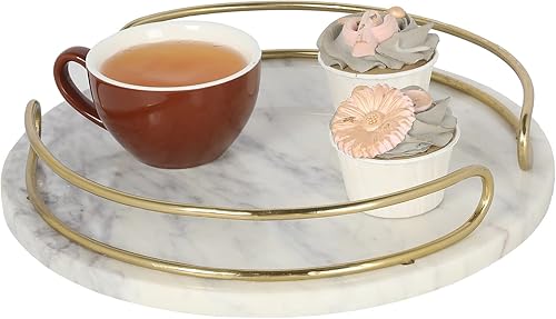 MyGift Bandeja redonda de mármol de 12 pulgadas con asas de metal de latón vintage, bandeja decorativa de mármol blanco natural hecho a mano para