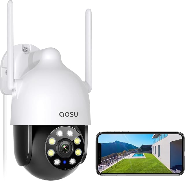 AOSU 2K Caméra de sécurité extérieure avec 360° Pan-Tilt, WiFi Surveillance des caméras Exterieur, Croisière chronométrée, Accrochement automatique, Vision nocturne couleur, 2-Way Audio, étanche, compatible avec Alexa