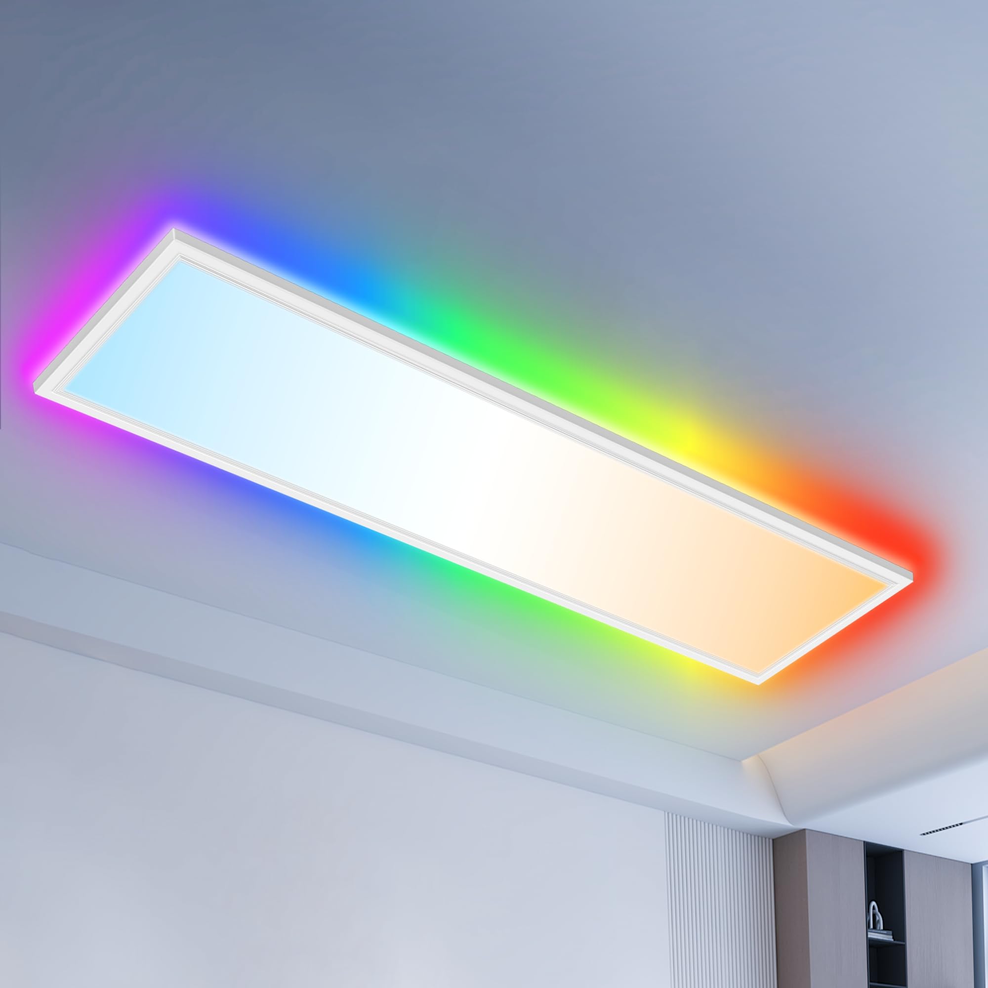 Deckenlampe Led Deckenleuchte Dimmbar Flach - 100x25CM RGB Backlight LED Panel Lampe Decke mit Fernbedienung Timer 3000K-6500K 30W 2543LM für Wohnzimmer Badezimmer küche Schlafzimmer Tageslichtlampe