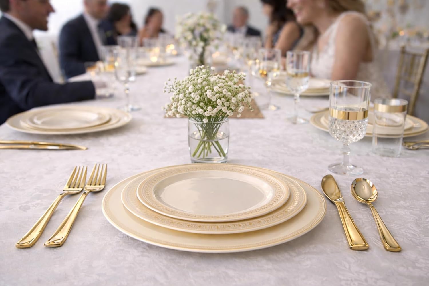 " OCCASIONS " 320pcs set (40 Guests)-Heavyweight Wedding Party Disposable Plastic Plate Set -40 x 10.5'' + 40 x 7.5'' + Silverware + Cups +linen like paper Napkins (Lace Ivory & Gold)