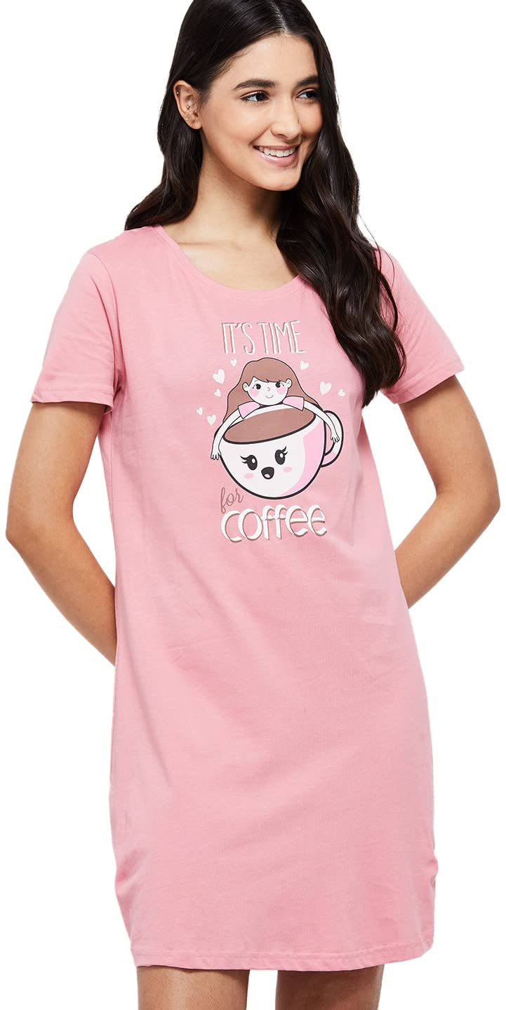 Women Cotton Printed Short Sleeves Mini Night Dress