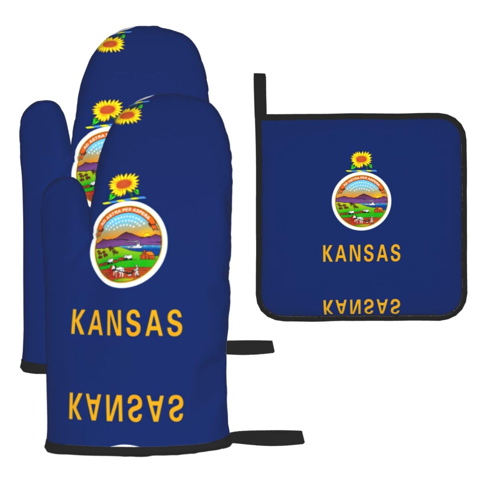 Kansas State Flag Oven Mitts And Pot Holders Sets Of 3 Oven Glove Kitchen Decor For Baking Cooking Bbq