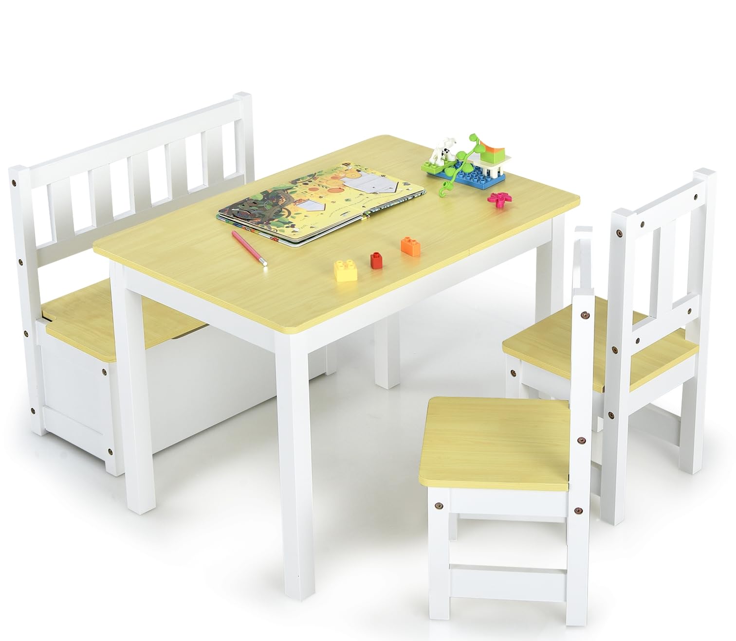 DREAMADE Kindetisch mit 2 Stühlen, Kindersitzgruppe aus Holz mit 22L Strauraum, Kindertruhenbank Kindermöbelset Holzsitzgruppe für Kinderzimmer, Spielzimmer, Wohnzimmer, Natur