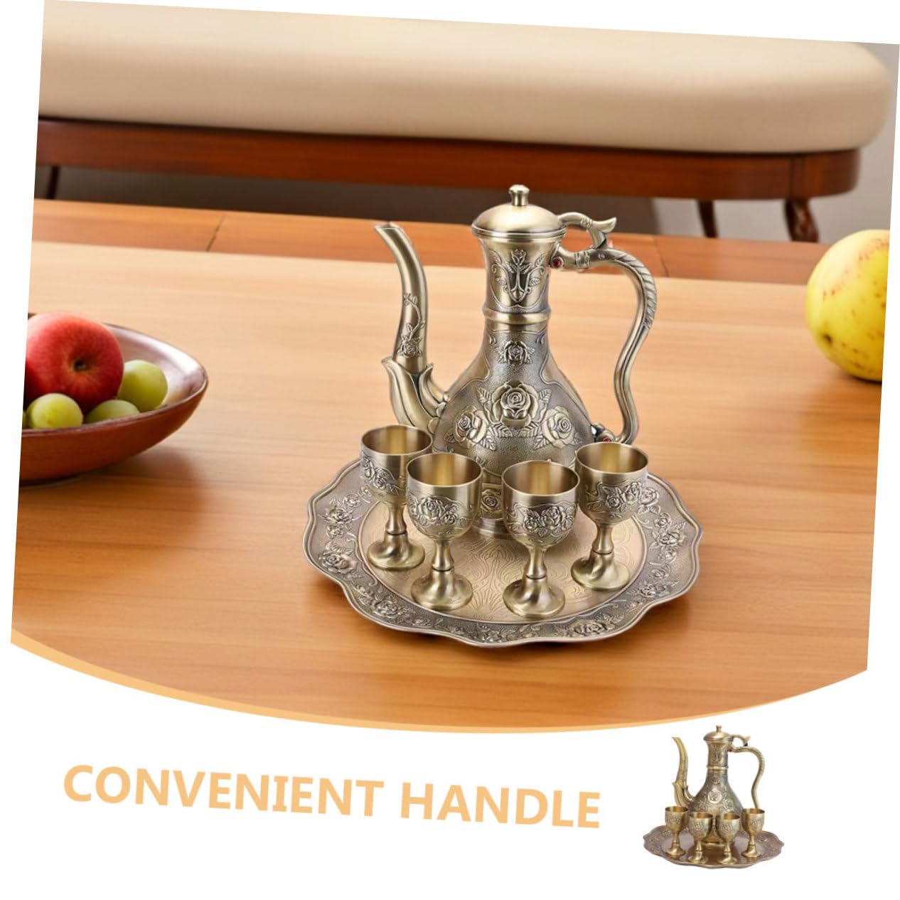 GLEAVI Weinkelchset aus Zinklegierung mit Weinkaraffe Gläsern und Tablett Elegant Vintage Design Verblassfest und Einfach zu Reinigen für Teeparty und Tischdekoration