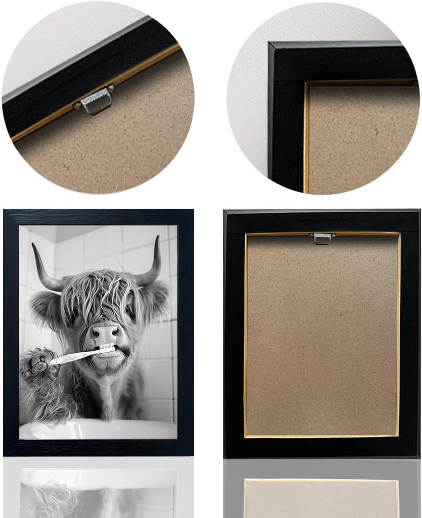 Highland Cow Wall Art Framed Bathroom Wall Decor Black and White Highland Cow Picture Funny Animal Art Cute Print Poster Washing Room Decor