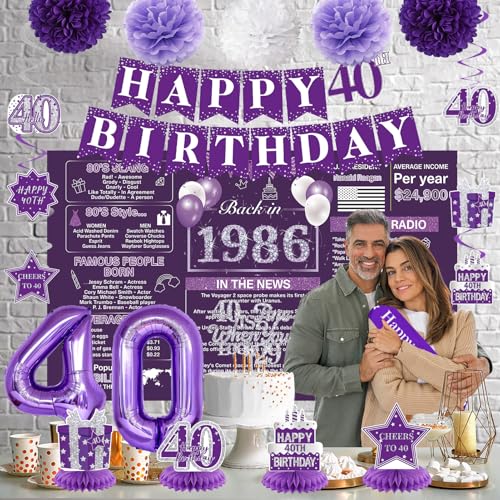 Image of Crenics Purple 40th Birthday Decorations for Women - Back in 1986 Backdrop, Banner, Swirls, Centerpieces, Sash, Paper Pom Poms, Cake Topper and Balloons for 40 Birthday Party Supplies