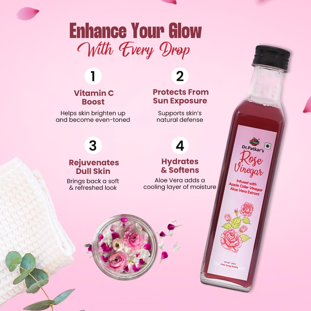 Dr. Patkar's Rose Vinegar with Apple Cider Vinegar & Aloe Vera | Natural Skin Toner | Hydrating, Cooling & Anti-Acne Formula | For Glowing Skin, Hair, & Immunity | With the Mother 100ml 1