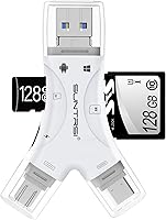 SUNTRSI 4-in-1 SD Card Reader for iPhone, iPad, Android, Mac, Cameras - USB-C/Micro USB/Charging Port, Trail Camera Viewer, Supports 512GB (White)