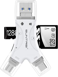 SUNTRSI 4-in-1 SD Card Reader for iPhone, iPad, Android, Mac, Cameras - USB-C/Micro USB/Charging Port, Trail Camera Viewer, Supports 512GB (White)