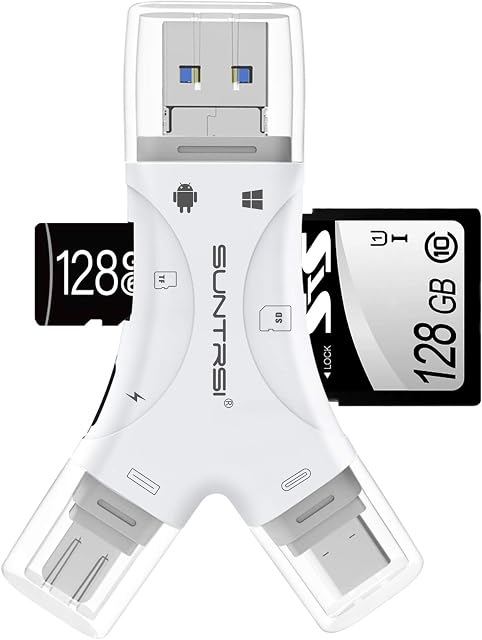 4 in 1 Micro SD Card Reader for i-Phone i-pad, SD Memory Card Reader for Mac Android Computer PC OS Desktop Laptop, Portable Trail Camera Card Viewer, Compatible with TF and SD Card, Plug and Play