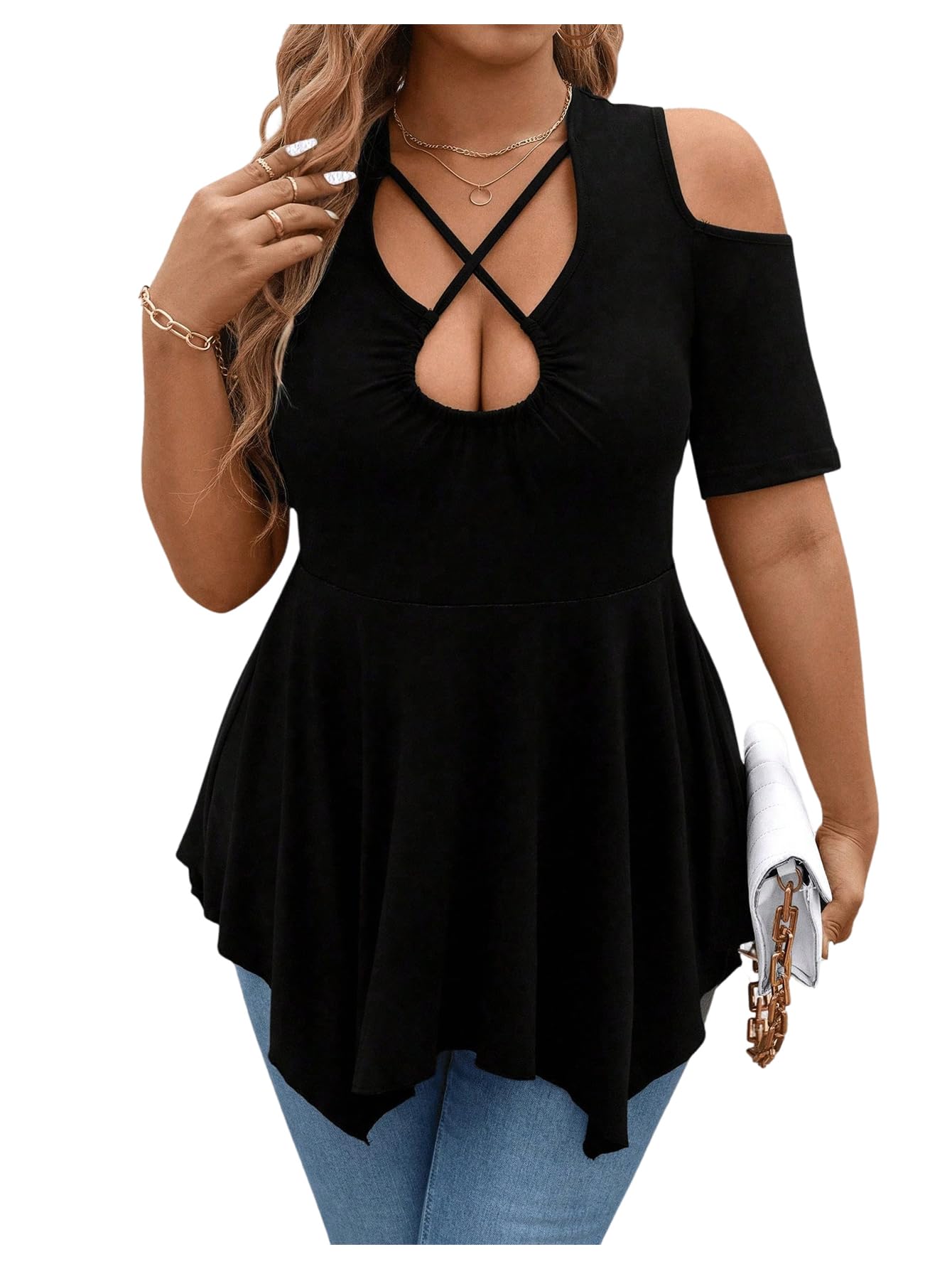 SOLY HUX Women's Plus Size Cold Shoulder Top Short Sleeve Asymmetrical Tees Flowy Tunic T Shirts