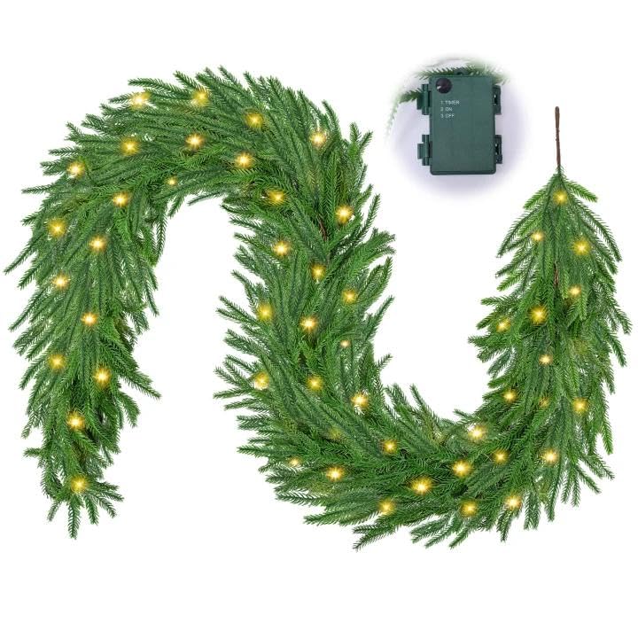 182 cm grinalda de Natal com luzes: Grinalda de pinheiro artificial com 30 luzes LED, temporizador, grinalda de vegetação artificial para mesa, manto, parede, decoração de grão natural